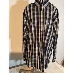 Knights Sportswear Mens Large Plaid Button Down‎ Shirt Navy Blue Tan Long Sleeve